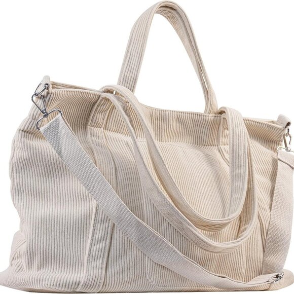 Beige Large Corduroy Tote Bag for Women - Versatile Travel & Work Companion - Picture 1 of 6